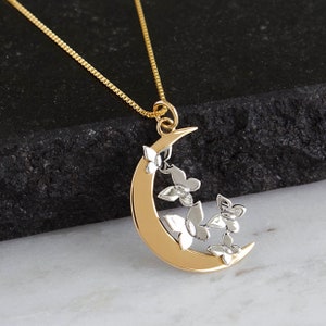 Halve maan en vlinders ketting, 14 karaats gold filled ketting, bronzen maan, sterlingzilveren vlinders hemelse sieraden GRATIS VERZENDING