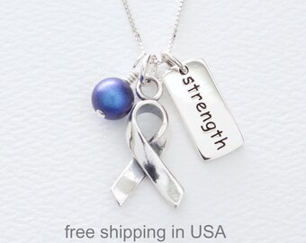 Colon Colorectal Cancer Blue Sterling Silver Awareness Necklace, FREE SHIPPING, Child Abuse Prevention, Arthritis, Rectal Cancer Survivor