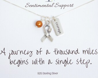 Leukemia, Kidney Cancer, Multiple Sclerosis or ADHD Awareness Necklace, Silver Ribbon and Choose a Word Charm, Orange Topaz Swarovski Pearl