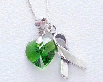 Liver Gallbladder Cancer/Kidney Disease Sterling Silver Awareness Necklace, Mental Health Depression Awareness Jewelry Green Swarovski Heart