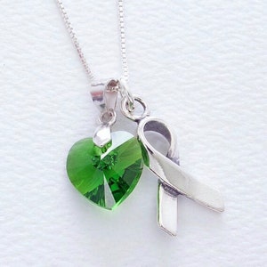 Liver Gallbladder Cancer/Kidney Disease Sterling Silver Awareness Necklace, Mental Health Depression Awareness Jewelry Green Swarovski Heart
