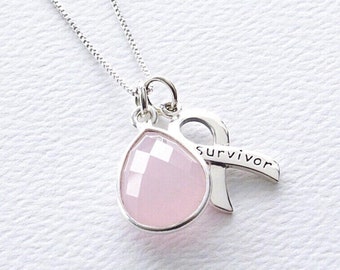 Breast Cancer Awareness Sterling Silver Necklace, Pink Chalcedony Hydrothermal Quartz Teardrop Pendant, FREE SHIPPING Survivor Hope Strength