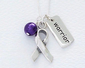 Pancreatic Cancer Sterling Silver Awareness Necklace, Alzheimer's, Cystic Fibrosis, Epilepsy, Sarcoidosis, Cancer Survivor Purple Jewelry