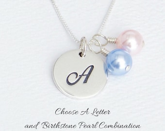 Collier de perles Charm Sterling Silver Initial Letter et Swarovski Birthstone Pearlace, disque monogramme cadeau personnalisé et combinaisons de mois de naissance