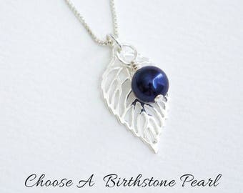 Leaf Outline and Swarovski Birthstone Pearl Sterling Silver Necklace, FREE SHIPPING, Filigree Leaf Charm Nature Autumn Jewelry, Leaf Outline