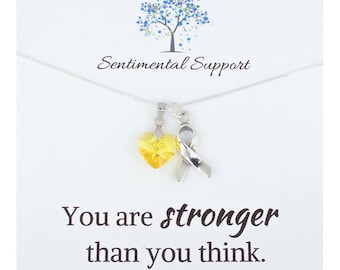 Bladder Cancer, Bone Cancer, Sarcoma, Spina Bifida, Endometriosis, or Support Our Troops Sterling Silver and Yellow Heart Awareness Necklace