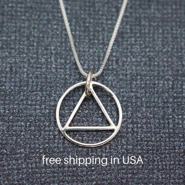 Alcoholics Anonymous AA Sterling Silver Pendant Necklace, FREE SHIPPING, Unity Recovery Service, Sobriety Circle Triangle Symbol Gift Box