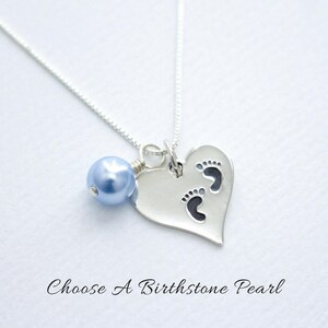 Baby Feet Heart Sterling Silver Necklace with Swarovski Birthstone Pearl, Mother Day Footprint Charm Gift, FREE SHIPPING, Expectant New Mom