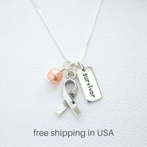 Uterine, Endometrial Cancer Awareness Necklace, FREE SHIPPING, Peach Swarovski Pearl, Support Ribbon, Word Charm, Cancer Survivor Gift
