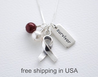 Head and Neck, Oral, and Throat Cancer Awareness Sterling Silver Necklace, Burgundy and White Swarovski Pearls, Support Ribbon, Word Charm