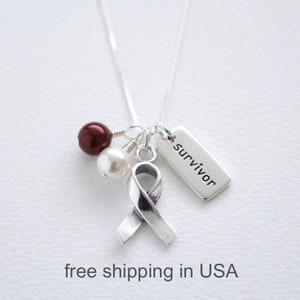 Head and Neck, Oral, and Throat Cancer Awareness Sterling Silver Necklace, Burgundy and White Swarovski Pearls, Support Ribbon, Word Charm