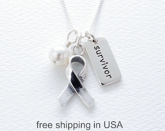 Lung Cancer Awareness Sterling Silver Necklace, White Swarovski Pearl, FREE SHIPPING, Mesothelioma, Lung Disease, Emphysema, Cancer Survivor
