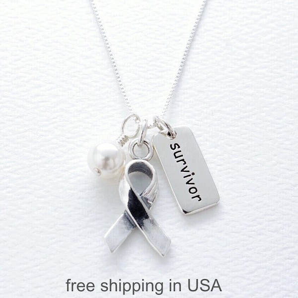 Lung Cancer Awareness Sterling Silver Necklace, White Swarovski Pearl, FREE SHIPPING, Mesothelioma, Lung Disease, Emphysema, Cancer Survivor