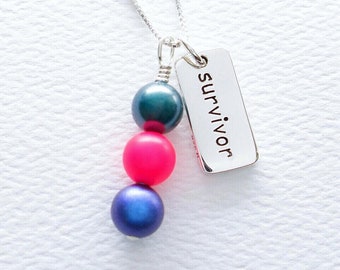 Thyroid Cancer Awareness Swarovski Pearl Dangle and Inspirational Word Charm Sterling Silver Necklace, Teal Pink Blue, Chemo Survivor Gift