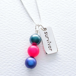 Thyroid Cancer Awareness Swarovski Pearl Dangle and Inspirational Word Charm Sterling Silver Necklace, Teal Pink Blue, Chemo Survivor Gift image 1