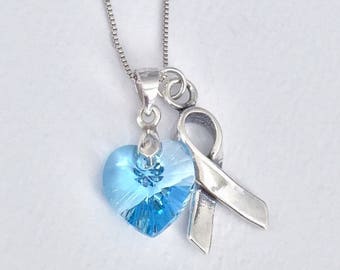 Prostate Cancer, Thyroid Disease, Addison's Light Blue Awareness Sterling Silver Necklace, Swarovski Crystal Heart and Silver Support Ribbon