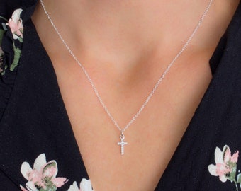 Small Cross Necklace, Tiny Sterling Silver Cross with Crystal Gems, Religious Faith Jewelry, Womens Christian Christmas Cross, FREE SHIPPING