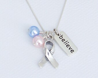 Infertility, Pro-Life, Miscarriage, SIDS Awareness Necklace, Pink And Light Blue Pearls, Sterling Silver Ribbon And Inspirational Word Charm