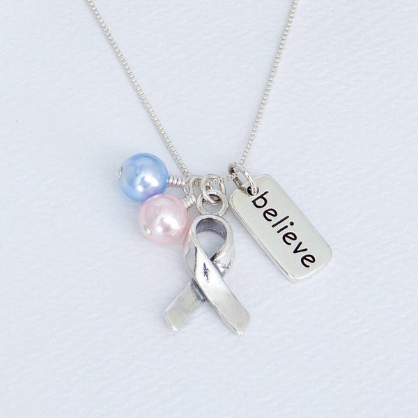 Infertility, Pro-Life, Miscarriage, SIDS Awareness Necklace, Pink And Light Blue Pearls, Sterling Silver Ribbon And Inspirational Word Charm