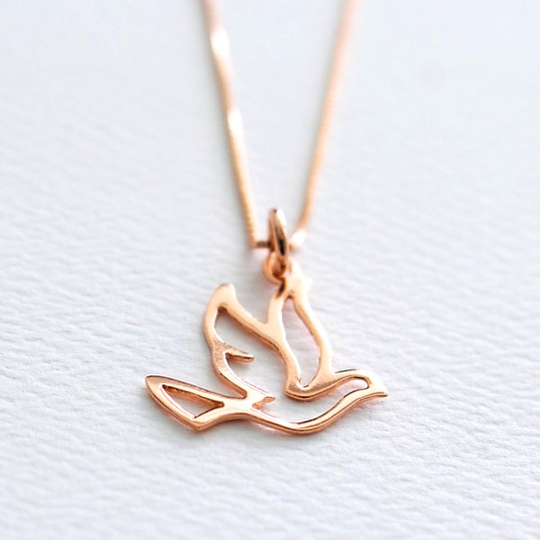 Rose Gold Flying Dove Necklace, FREE SHIPPING, 925 Sterling Silver 24k Rose Gold Plated Bird Christmas Easter Peace Christian Religious Gift