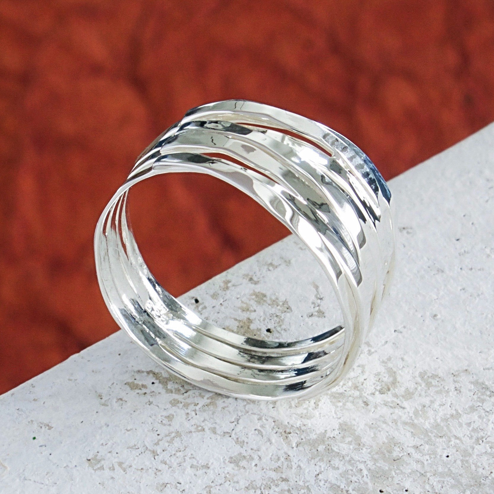 7 Layer Rings Multi Layered Sterling Silver Hammered Ring, Women's Multi Band Ring ...