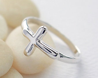 Sterling Silver Cross Ring, Women's Sideways Cross Finger Ring, High Polished Ring, 2 mm Width Band, Christian Religous Ring, Faith Jewelry