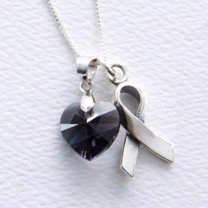 Melanoma Skin Cancer Awareness POW MIA 911 Necklace Black Swarovski Heart Sterling Silver Support Ribbon Gift for Mom Grandmother Daughter