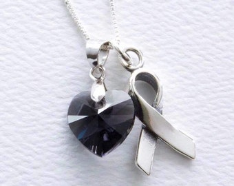 Melanoma Skin Cancer Awareness POW MIA 911 Necklace Black Swarovski Heart Sterling Silver Support Ribbon Gift for Mom Grandmother Daughter