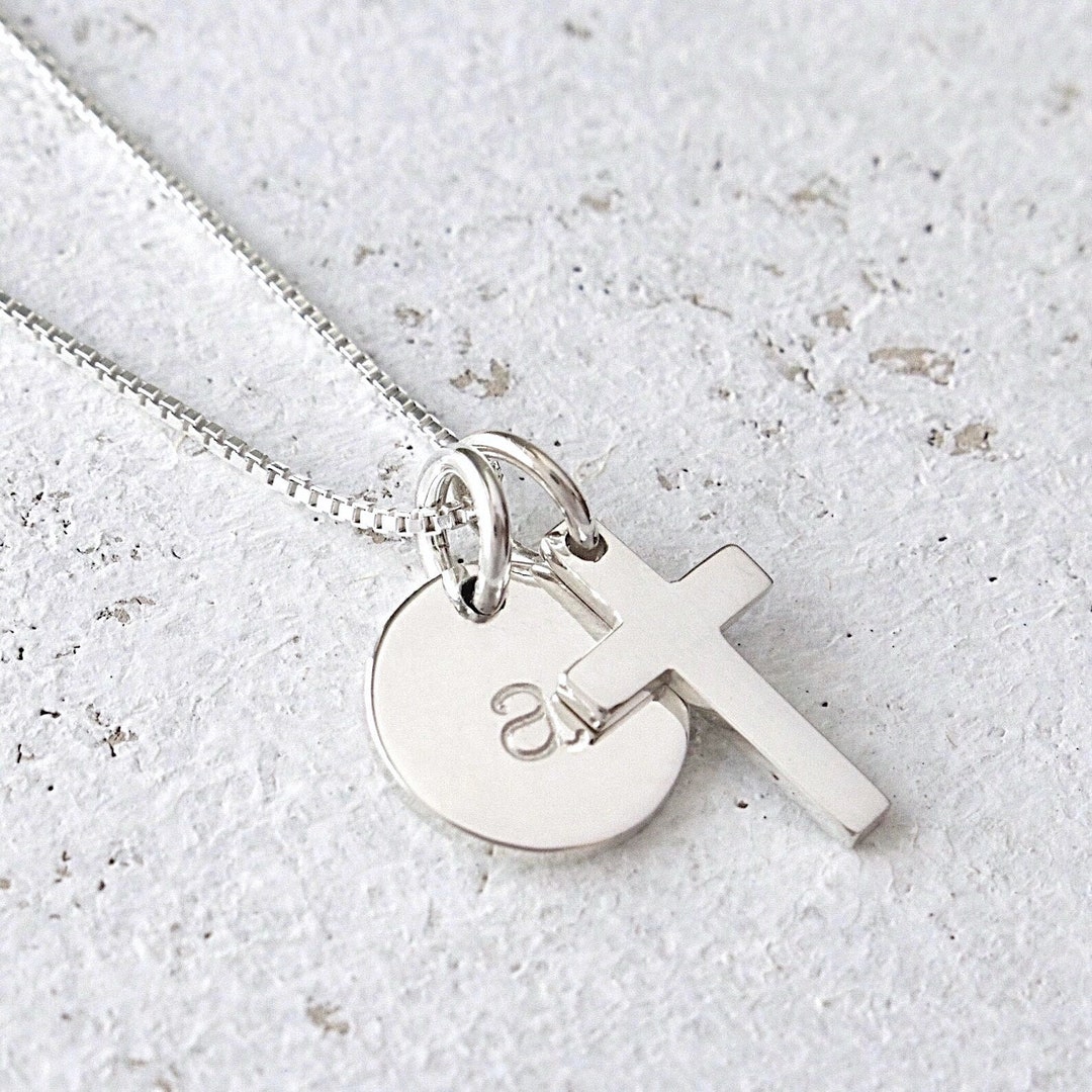 Cross and Initial Disc Sterling Silver Necklace, Letter Charm Jewelry ...