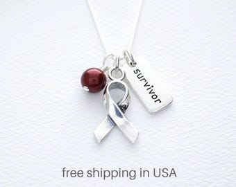 Multiple Myeloma  Awareness Sterling Silver Necklace, FREE SHIPPING, Burgundy Garnet Swarovski Pearl, Support Ribbon, Inspirational Charm