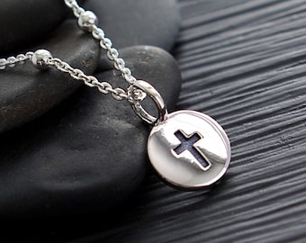 Sterling Silver Small Cross Charm Necklace, Cross Necklace, Christian Cross Round Pendant, Cross Disc, Religious Faith Jewelry, FREE SHIPPIN