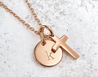 Rose Gold Cross and Initial Disc Necklace, Letter Charm Jewelry, Small Rose Gold Christian Cross Pendant, Religious Faith Gift FREE SHIPPING