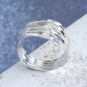 Multi Layered Sterling Silver Hammered Ring, Women's Multi Band Ring, Textured Strand Ring, Wrap Around Layered Ring, High Polished Ring image 1