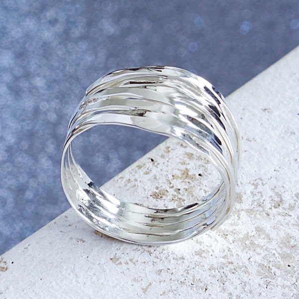 Multi Layered Sterling Silver Hammered Ring, Women's Multi Band Ring, Textured Strand Ring, Wrap Around Layered Ring, High Polished Ring