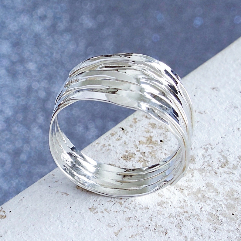 Multi Layered Sterling Silver Hammered Ring, Women's Multi Band Ring, Textured Strand Ring, Wrap Around Layered Ring, High Polished Ring image 1