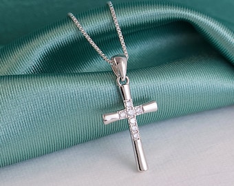 Collier croix en argent zircone cubique, collier en argent sterling pour femme, bijoux de foi chrétienne, pendentif croix en argent CZ, livraison gratuite