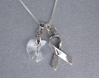 Lung Cancer Awareness Necklace, Sterling Silver, Swarovski Crystal Clear Heart, Awareness Ribbon, Cancer Support, Cancer Awareness