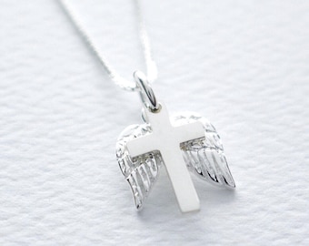 Sterling Silver Cross and Angel Wings Necklace, Dainty Crucifix Charm, FREE SHIPPING, Christian Christmas Baptism Confirmation Religion Gift