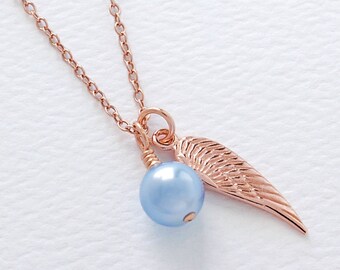 Collana con ali d'angelo in oro rosa e perle con pietra portafortuna Swarovski, regalo di cordoglio per aborto spontaneo, perdita di un neonato, SPEDIZIONE GRATUITA