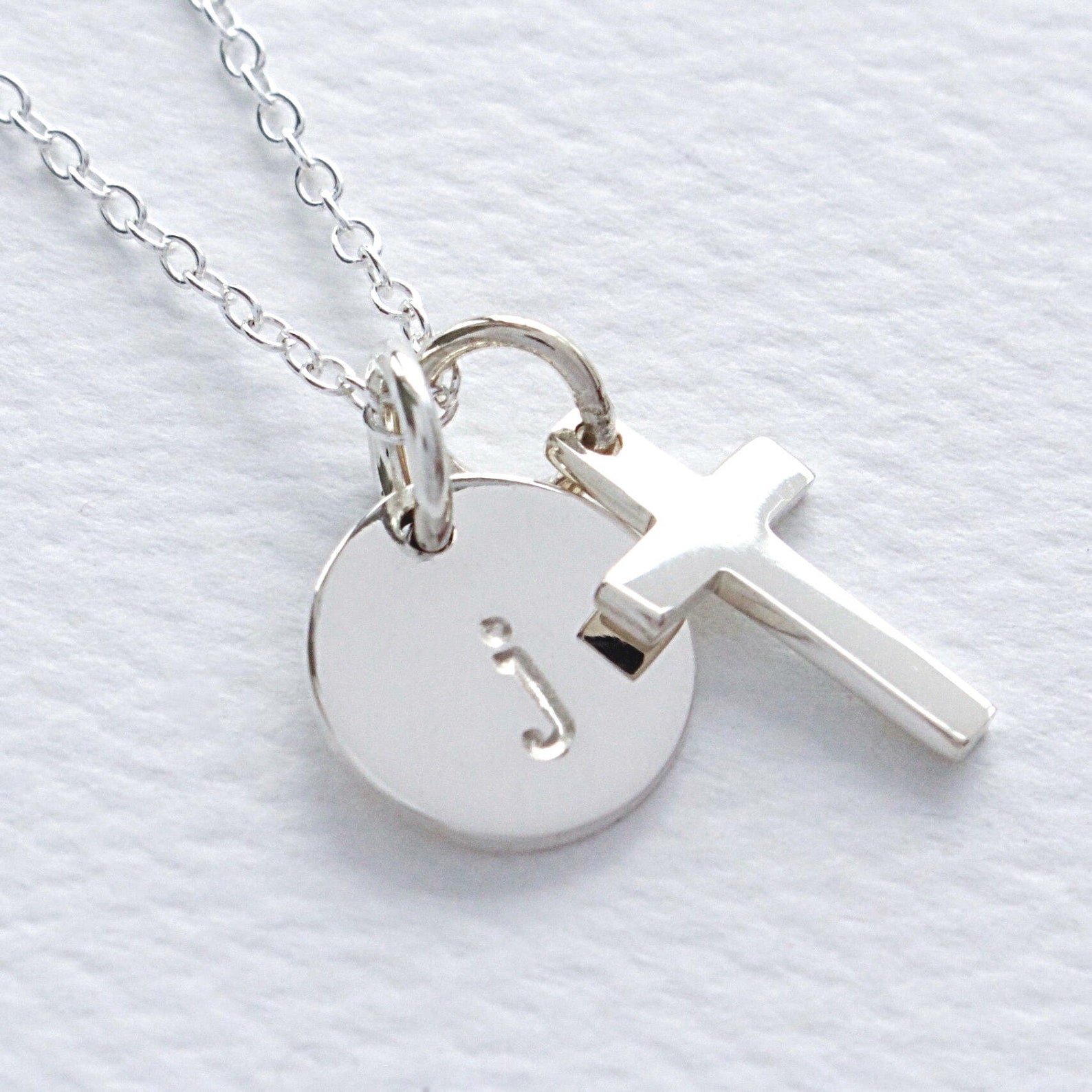 Cross and Initial Disc Sterling Silver Necklace, Letter Charm Jewelry ...