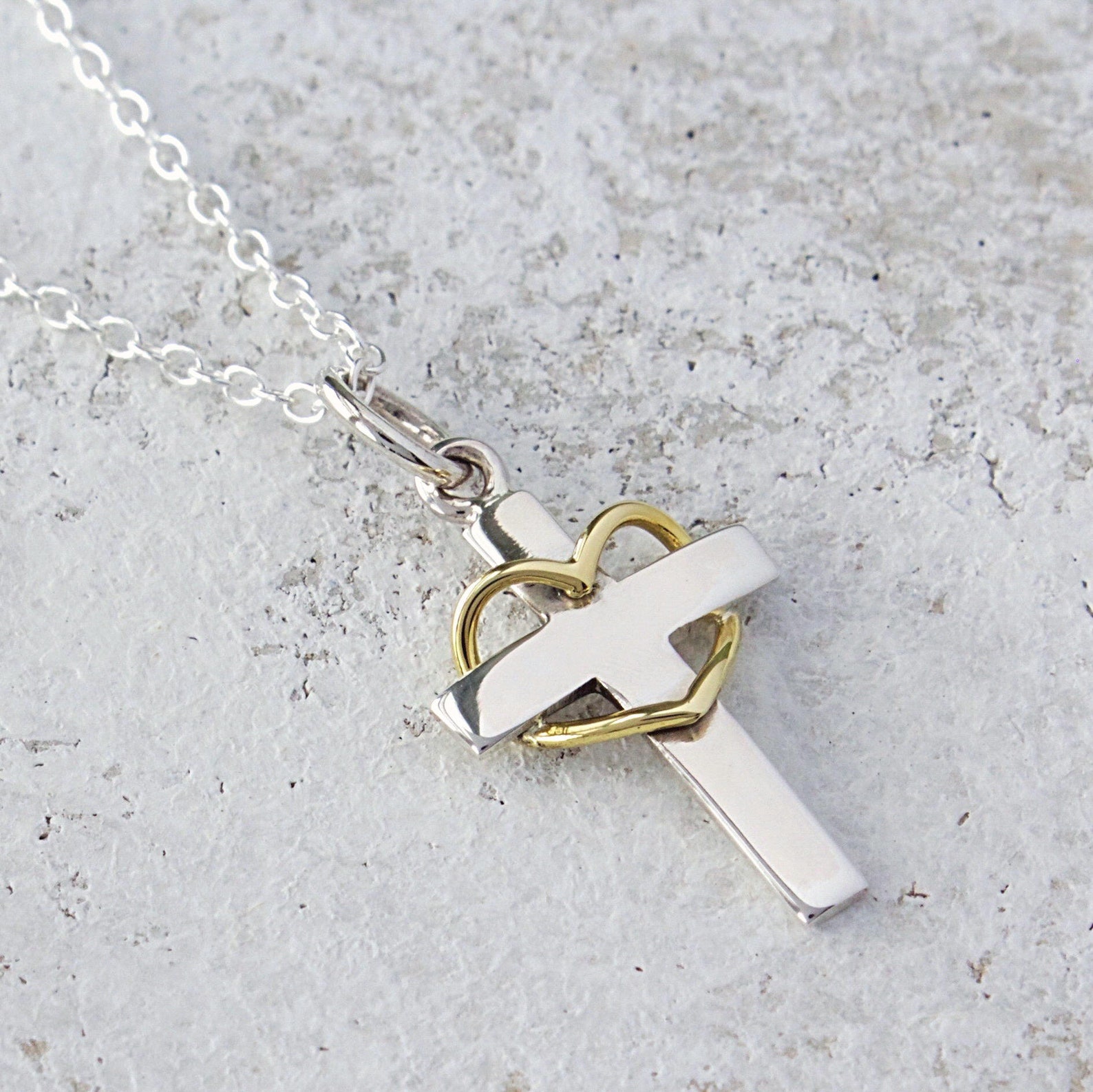 Sterling Silver Heart Cross Necklace Christian Cross Jewelry Etsy
