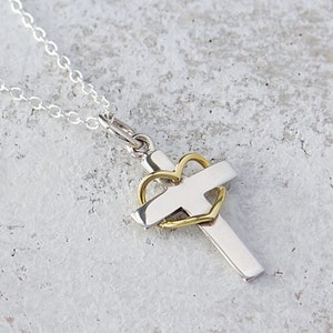 Collar con cruz de corazón en plata de ley, joyería cristiana con cruz, collar con cruz de plata de ley 925 para mujer, corazón de bronce, envío gratis.
