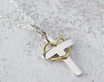 Sterling Silver Cross Necklace with Wrapped Bronze Heart, Christian Jewelry