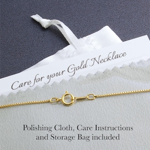 May include: Close-up of a gold necklace with a delicate chain and clasp. A white bag with the text "Care for your Gold Necklace" is visible. The image also includes a polishing cloth, care instructions, and a storage bag.