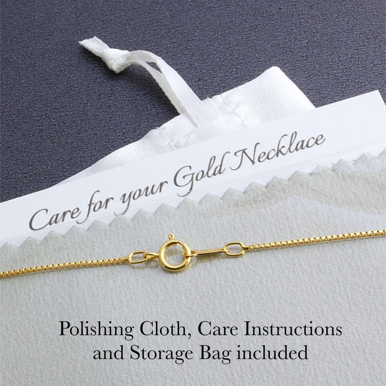 May include: Close-up of a gold necklace with a delicate chain and clasp. A white bag with the text "Care for your Gold Necklace" is visible. The image also includes a polishing cloth, care instructions, and a storage bag.