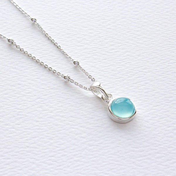 Aqua Blue Chalcedony Sterling Silver Necklace, Aqua Chalcedony Gemstone Jewelry, Chalcedony Quartz Pendant, Round Gemstone, FREE SHIPPING