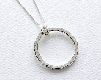 Sterling Silver Hammered Circle Pendant Necklace, FREE SHIPPING, Hammered Ring Jewelry, Silver Round Hoop Pendant,  Simple Loop Necklace