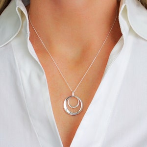 Double Circles Sterling Silver Necklace, Silver Round Pendant, Womens Modern Circles, Layered  Circles Necklace, FREE SHIPPING