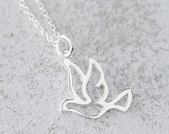 Dove Sterling Silver Necklace, FREE SHIPPING, Flying Bird Charm, Peace Easter Christian Religious Gift, Nature Jewelry, Personalize Card