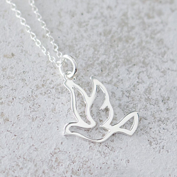 Dove Sterling Silver Necklace, FREE SHIPPING, Flying Bird Charm, Peace Easter Christian Religious Gift, Nature Jewelry, Personalize Card